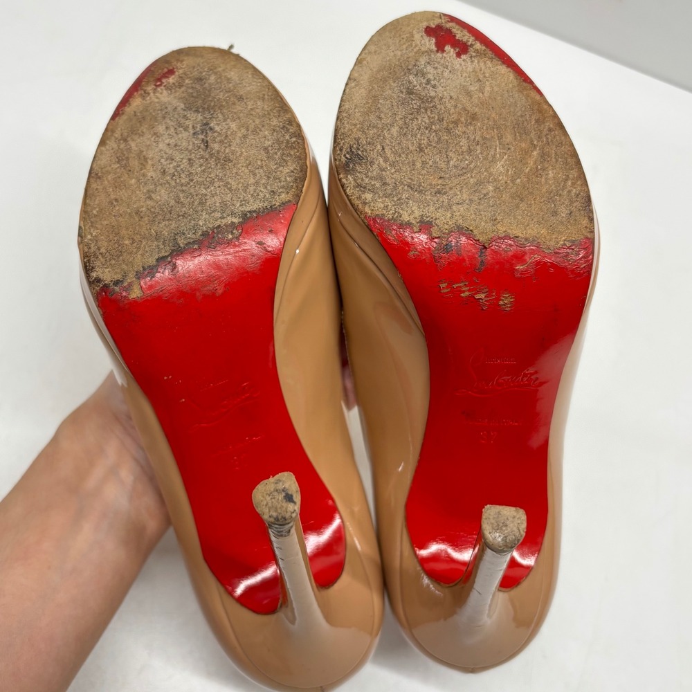 Christian Louboutin Patent Leather Pumps Womens 37 Nude Platform Red Bottoms - Picture 13 of 16